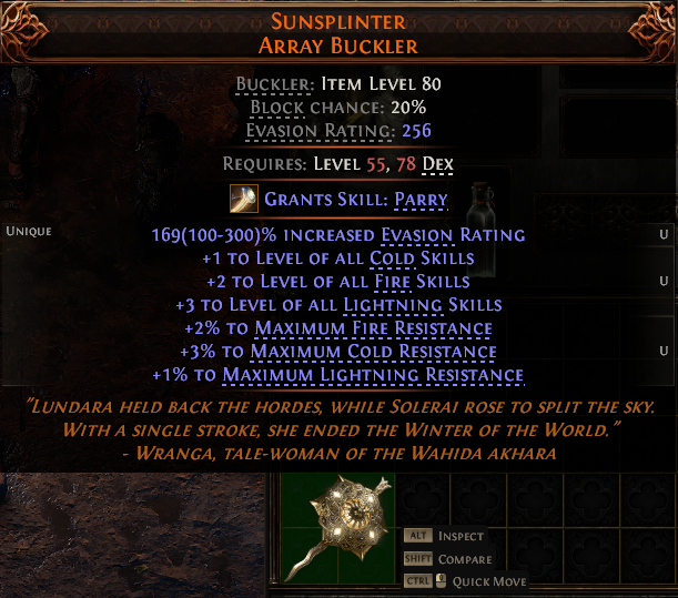 MMOJUGG Path of Exile 2 SUNSPLINTER ARRAY BUCKLER#1232598 Details View of Item Function and Use