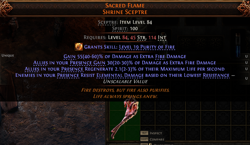 MMOJUGG Path of Exile 2 SACRED FLAME SHRINE SCEPTRE#1232608 Details View of Item Function and Use