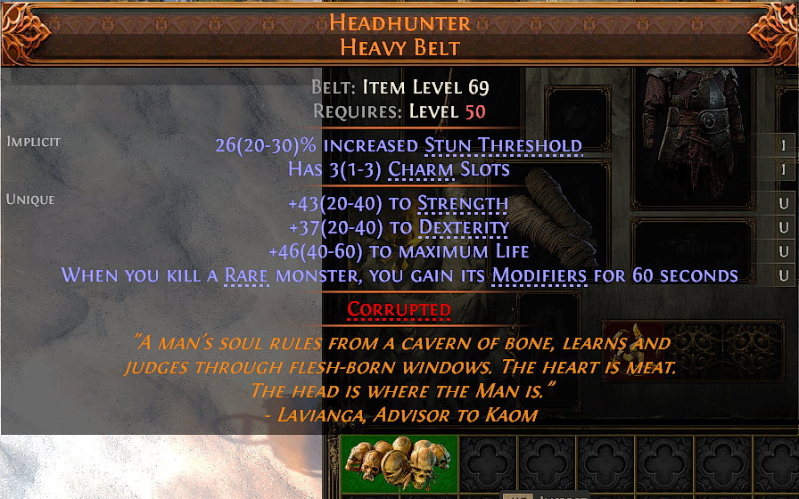MMOJUGG Path of Exile 2 HEADHUNTER HEAVY BELT#1237331 Details View of Item Function and Use