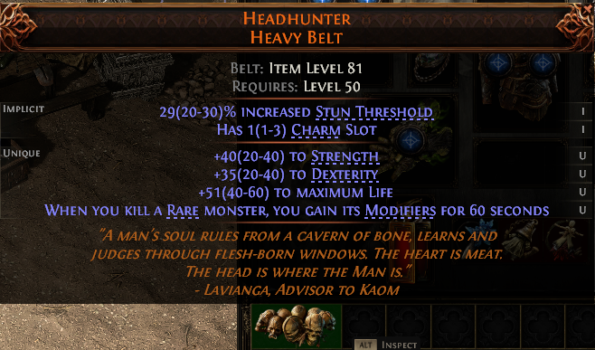 MMOJUGG Path of Exile 2 HEADHUNTER HEAVY BELT#1238542 Details View of Item Function and Use