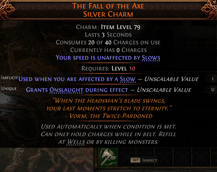 MMOJUGG Path of Exile 2 THE FALL OF THE AXE SILVER CHARM#1240914 Details View of Item Function and Use
