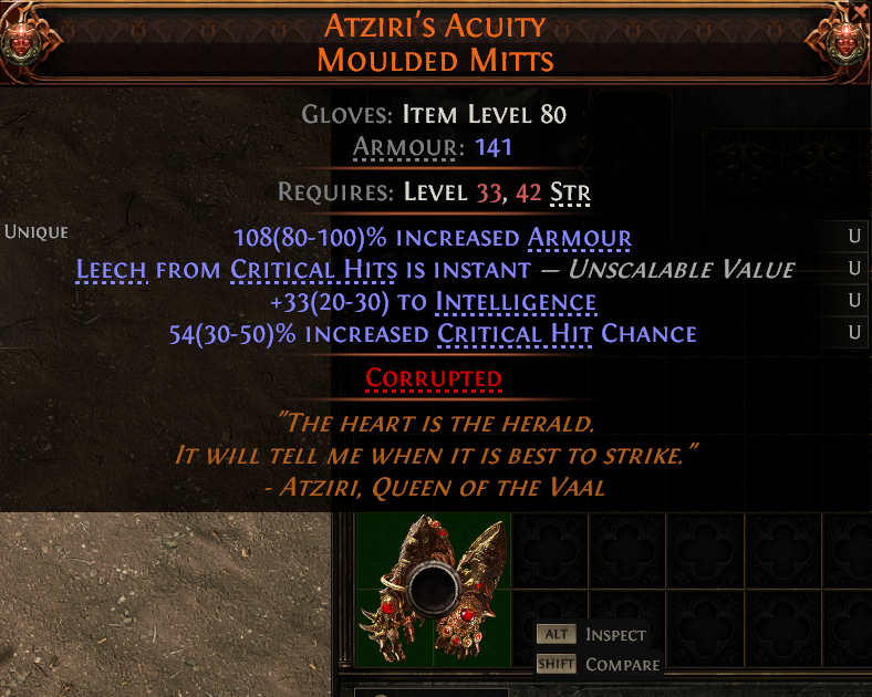 MMOJUGG Path of Exile 2 ATZIRI'S ACUITY MOULDED MITTS#1240925 Details View of Item Function and Use