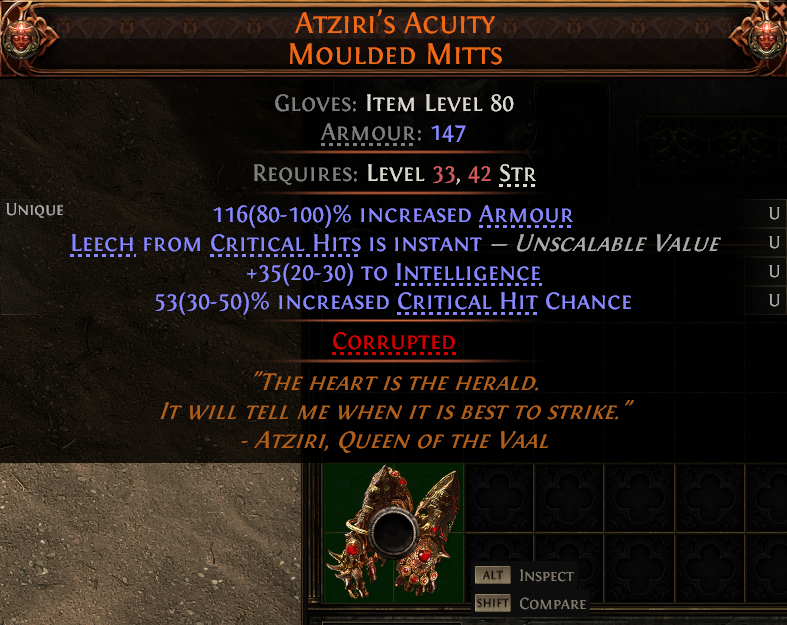MMOJUGG Path of Exile 2 ATZIRI'S ACUITY MOULDED MITTS#1240928 Details View of Item Function and Use