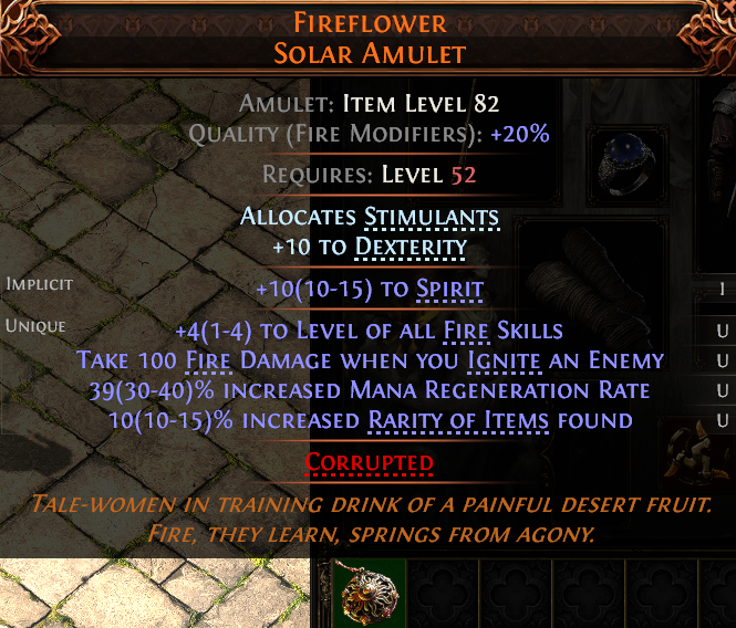 MMOJUGG Path of Exile 2 FIREFLOWER SOLAR AMULET#1241151 Details View of Item Function and Use
