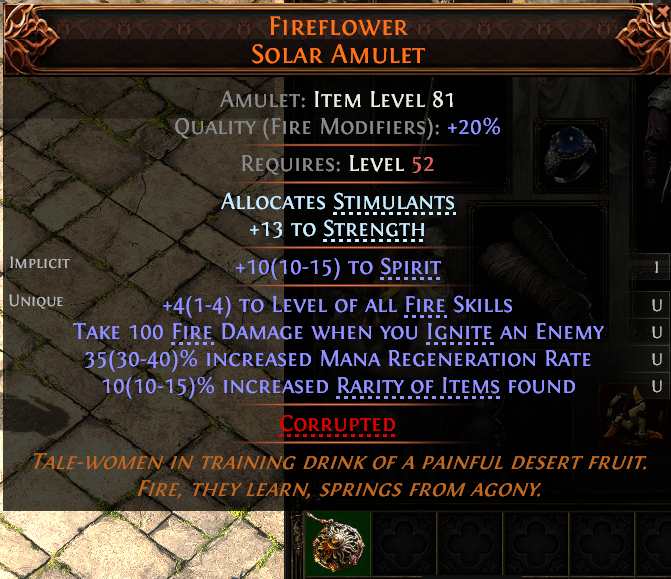 MMOJUGG Path of Exile 2 FIREFLOWER SOLAR AMULET#1241155 Details View of Item Function and Use