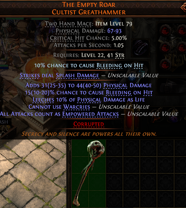 Path of Exile 2 THE EMPTY ROAR CULTIST GREATHAMMER#1244474 Details MMOJUGG Path of Exile 2 THE EMPTY ROAR CULTIST GREATHAMMER#1244474 Details View of Item Function and Use