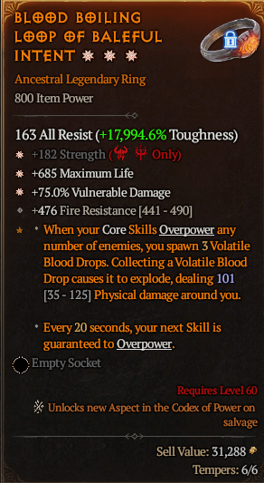 MMOJUGG Diablo 4 BLOOD BOILING LOOP OF BALEFUL INTENT#1244726 Details View of Item Function and Use