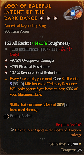 MMOJUGG Diablo 4 LOOP OF BALEFUL INTENT OF THE DARK DANCE#1248108 Details View of Item Function and Use