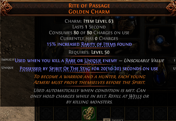 MMOJUGG Path of Exile 2 RITE OF PASSAGE GOLDEN CHARM#1248691 Details View of Item Function and Use