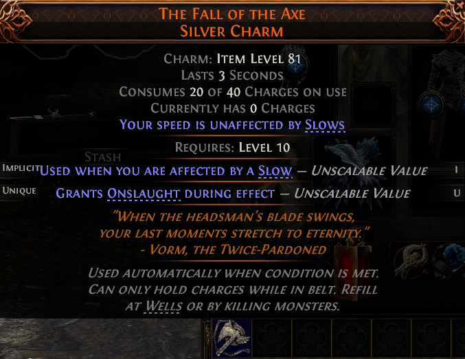 MMOJUGG Path of Exile 2 THE FALL OF THE AXE SILVER CHARM#1252956 Details View of Item Function and Use