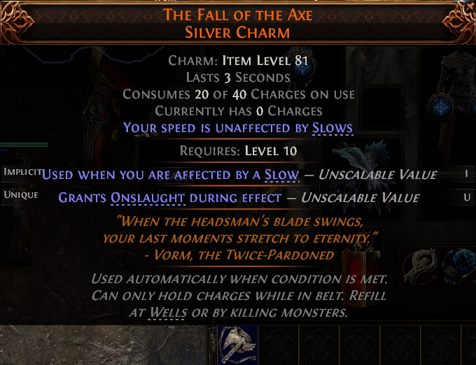 MMOJUGG Path of Exile 2 THE FALL OF THE AXE SILVER CHARM#1252959 Details View of Item Function and Use