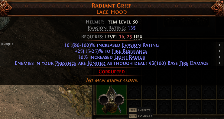 MMOJUGG Path of Exile 2 RADIANT GRIEF LACE HOOD#1253766 Details View of Item Function and Use