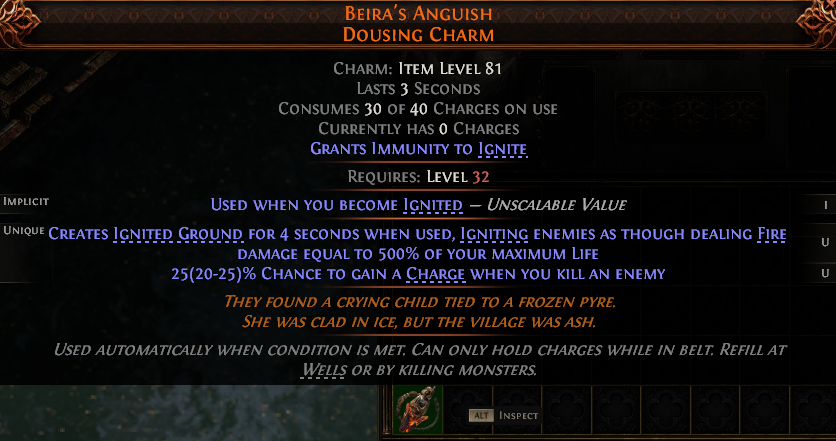 MMOJUGG Path of Exile 2 BEIRA'S ANGUISH DOUSING CHARM#1253769 Details View of Item Function and Use