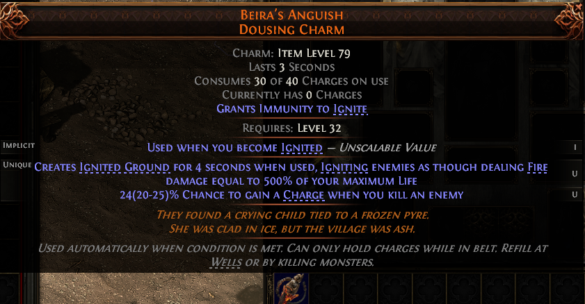 MMOJUGG Path of Exile 2 BEIRA'S ANGUISH DOUSING CHARM#1254485 Details View of Item Function and Use
