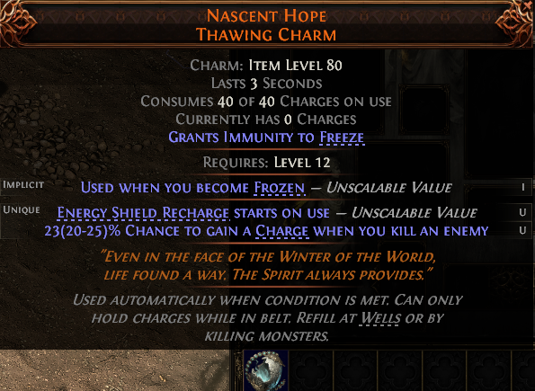 Path of Exile 2 NASCENT HOPE THAWING CHARM#1254488 Details MMOJUGG Path of Exile 2 NASCENT HOPE THAWING CHARM#1254488 Details View of Item Function and Use