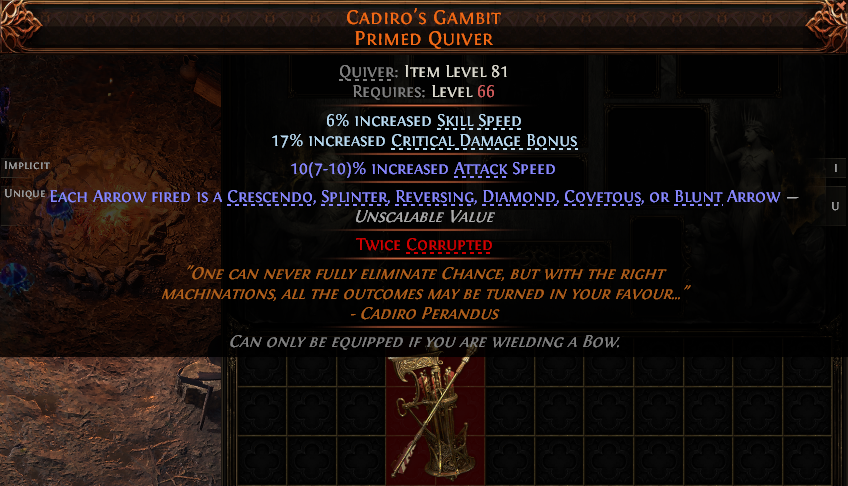 MMOJUGG Path of Exile 2 CADIRO'S GAMBIT PRIMED QUIVER#1254494 Details View of Item Function and Use