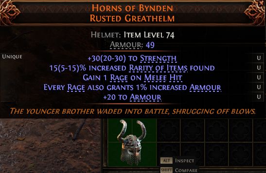 MMOJUGG Path of Exile 2 HORNS OF BYNDEN RUSTED GREATHELM#1257371 Details View of Item Function and Use