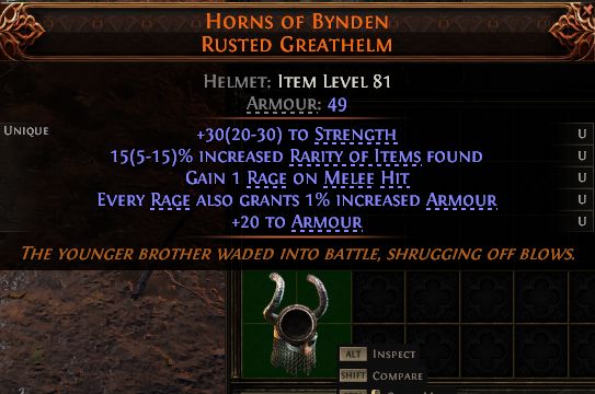 MMOJUGG Path of Exile 2 HORNS OF BYNDEN RUSTED GREATHELM#1257373 Details View of Item Function and Use
