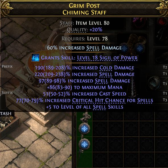 MMOJUGG Path of Exile 2 GRIM POST CHIMING STAFF#1257727 Details View of Item Function and Use