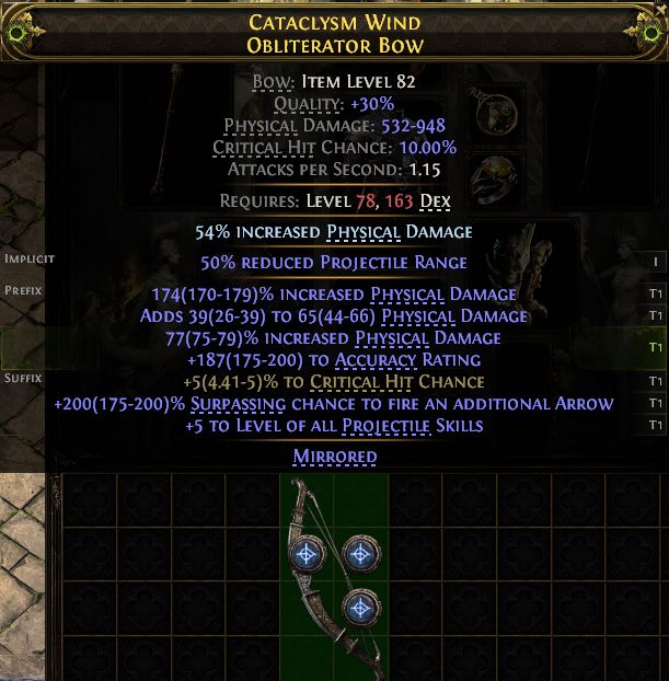 MMOJUGG Path of Exile 2 CATACLYSM WIND OBLITERATOR BOW#1260062 Details View of Item Function and Use