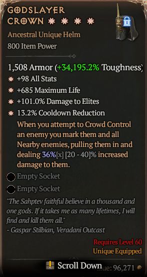 MMOJUGG Diablo 4 GODSLAYER CROWN#1282940 Details View of Item Function and Use