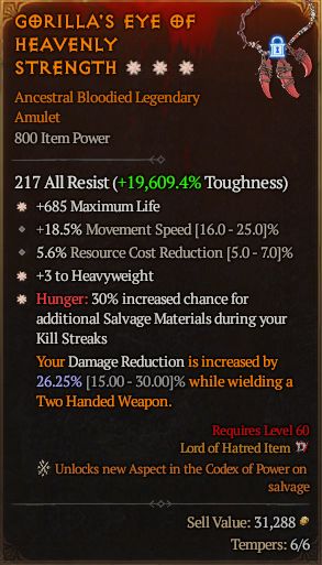 MMOJUGG Diablo 4 GORILLA'S EYE OF HEAVENLY STRENGTH#1282980 Details View of Item Function and Use