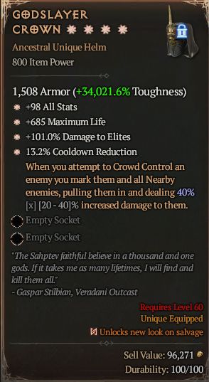 MMOJUGG Diablo 4 GODSLAYER CROWN#1282987 Details View of Item Function and Use