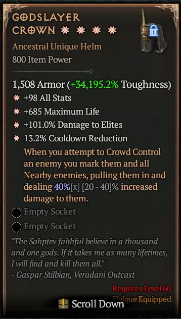 MMOJUGG Diablo 4 GODSLAYER CROWN#1285434 Details View of Item Function and Use