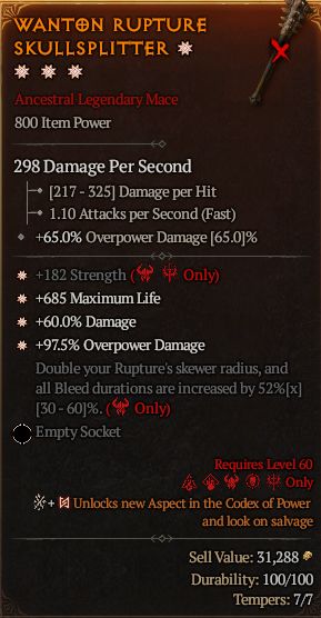 MMOJUGG Diablo 4 WANTON RUPTURE SKULLSPLITTER #1287334 Details View of Item Function and Use