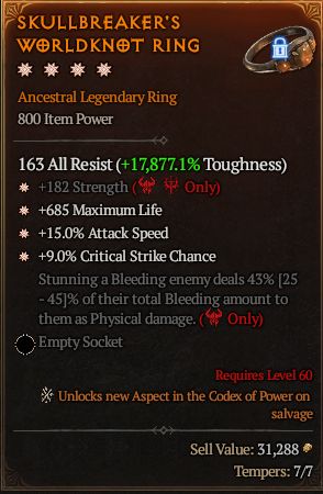 MMOJUGG Diablo 4 SKULLBREAKER'S WORLDKNOT RING#1287392 Details View of Item Function and Use