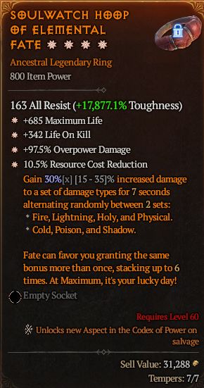 MMOJUGG Diablo 4 SOULWATCH HOOP OF ELEMENTAL FATE#1287430 Details View of Item Function and Use
