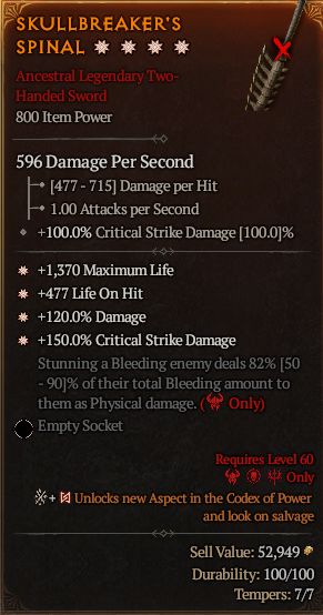 MMOJUGG Diablo 4 SKULLBREAKER'S SPINAL#1287850 Details View of Item Function and Use