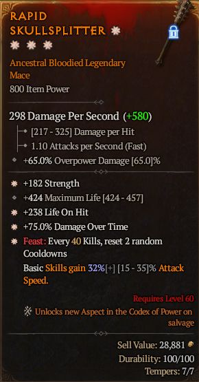MMOJUGG Diablo 4 RAPID SKULLSPLITTER#1289027 Details View of Item Function and Use