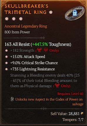 MMOJUGG Diablo 4 SKULLBREAKER'S  TRIMETAL RING#1289305 Details View of Item Function and Use