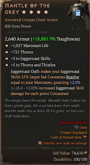 MMOJUGG Diablo 4 MANTLE OF THE GREY#1291146 Details View of Item Function and Use