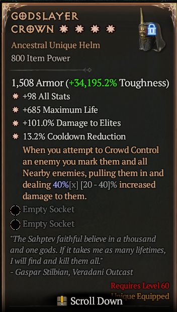 MMOJUGG Diablo 4 GODSLAYER CROWN#1292193 Details View of Item Function and Use