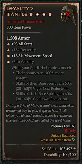 MMOJUGG Diablo 4 LOYALTY'S MANTLE#1294588 Details View of Item Function and Use