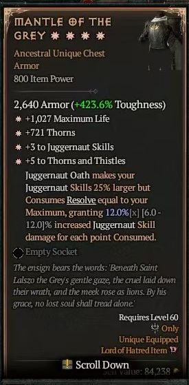 MMOJUGG Diablo 4 MANTLE OF THE GREY#1294593 Details View of Item Function and Use