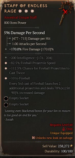 MMOJUGG Diablo 4 STAFF OF ENDLESS RAGE#1300296 Details View of Item Function and Use