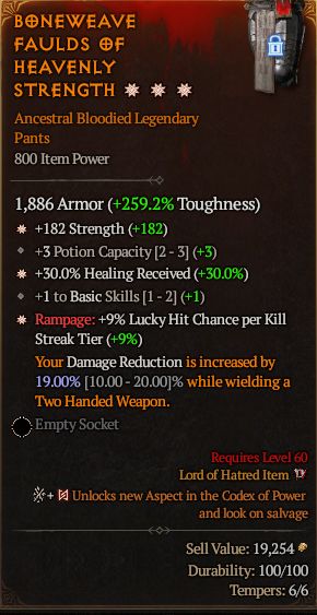 MMOJUGG Diablo 4 BONEWEAVE FAULDS OF HEAVENLY STRENGTH#1301518 Details View of Item Function and Use