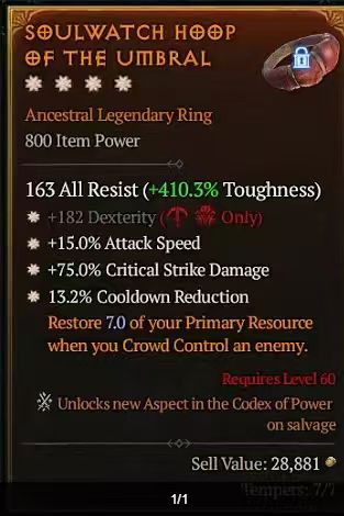 MMOJUGG Diablo 4 SOULWATCH HOOP OF THE UMBRAL#1304980 Details View of Item Function and Use