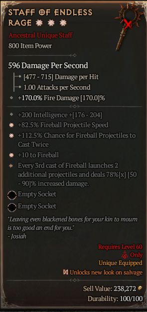 MMOJUGG Diablo 4 STAFF OF ENDLESS RAGE#1307122 Details View of Item Function and Use