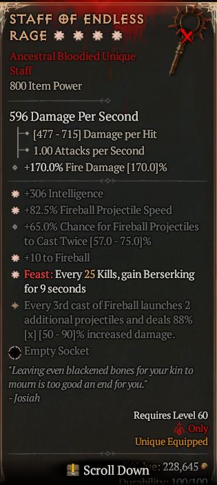 MMOJUGG Diablo 4 STAFF OF ENDLESS RAGE#1309112 Details View of Item Function and Use