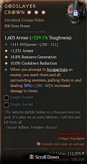MMOJUGG Diablo 4 GODSLAYER CROWN#1326572 Details View of Item Function and Use