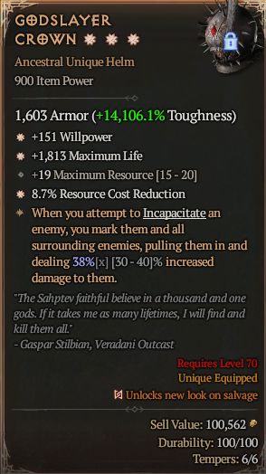 MMOJUGG Diablo 4 GODSLAYER CROWN#1326573 Details View of Item Function and Use