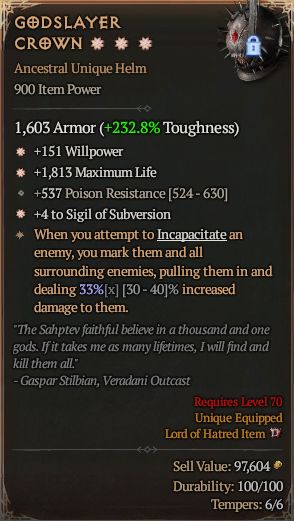 MMOJUGG Diablo 4 GODSLAYER CROWN#1326829 Details View of Item Function and Use