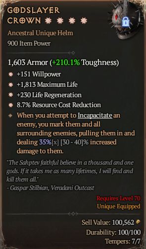 MMOJUGG Diablo 4 GODSLAYER CROWN#1326863 Details View of Item Function and Use
