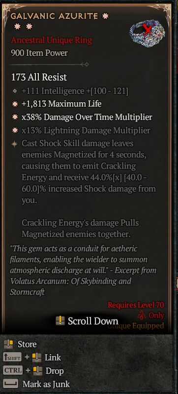MMOJUGG Diablo 4 GALVANIC AZURITE#1329199 Details View of Item Function and Use