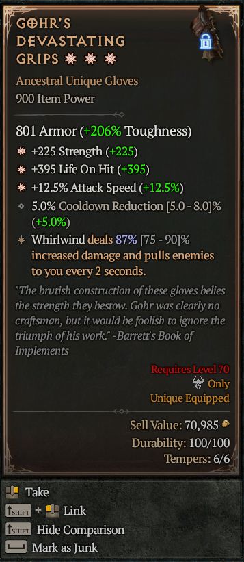 MMOJUGG Diablo 4 GOHR'S DEVASTATING GRIPS#1329201 Details View of Item Function and Use