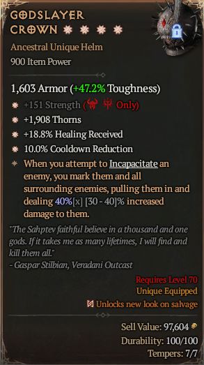 MMOJUGG Diablo 4 GODSLAYER CROWN#1329919 Details View of Item Function and Use